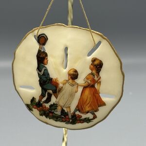 Vtg Laquered Sand Dollar Christmas Ornament Transfer Childeren Hand Painted 3"